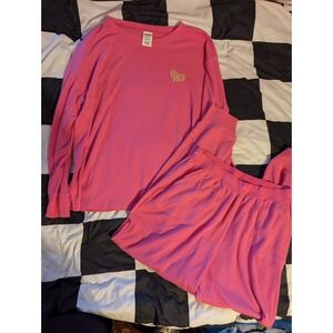 Victoria‎ Secret PINK Waffle Knit Pajama Set Long Sleeve Top Pants Pink L